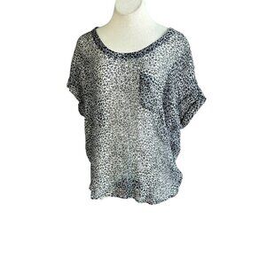 Joie 100% Silk Black White Animal Print Sheer Short Sleeve Blouse Size Small